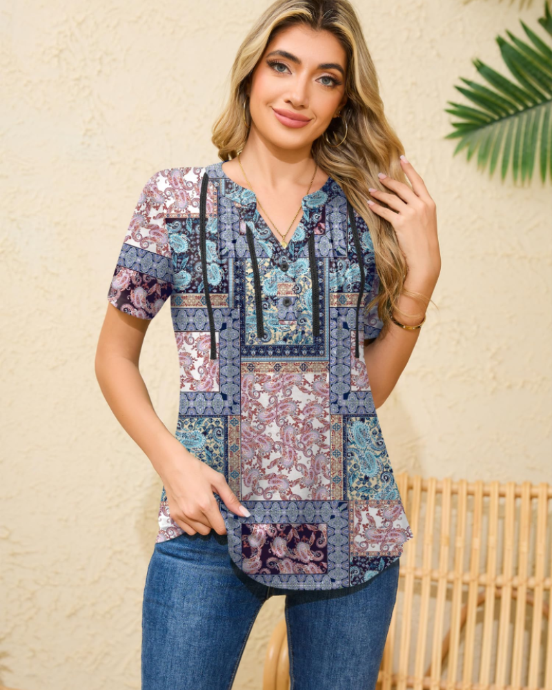 Blusa Fabianna de encaje para mujer – Blusa con cuello en V plisado y mangas cortas