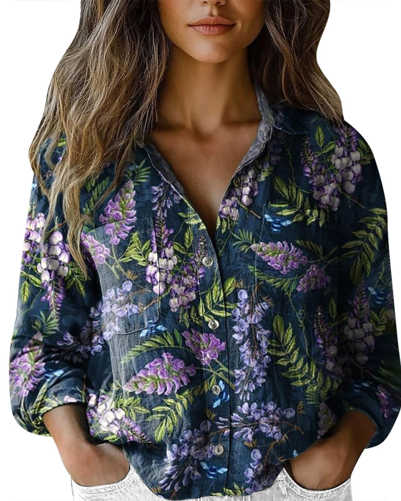 Amelia Blouse Femme Été – Lin Fleuri Col V Boutonnée Manches Longues