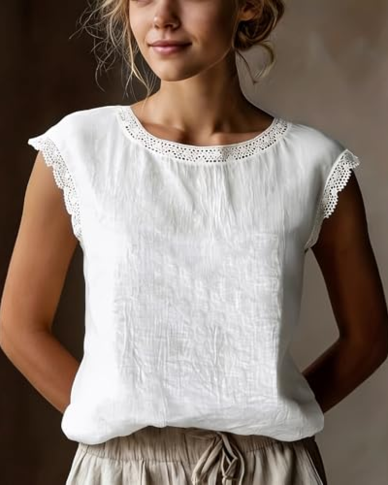 Florabelle Camisa Mujer Efecto Lino – Blusa de Encaje Manga Corta Elegante