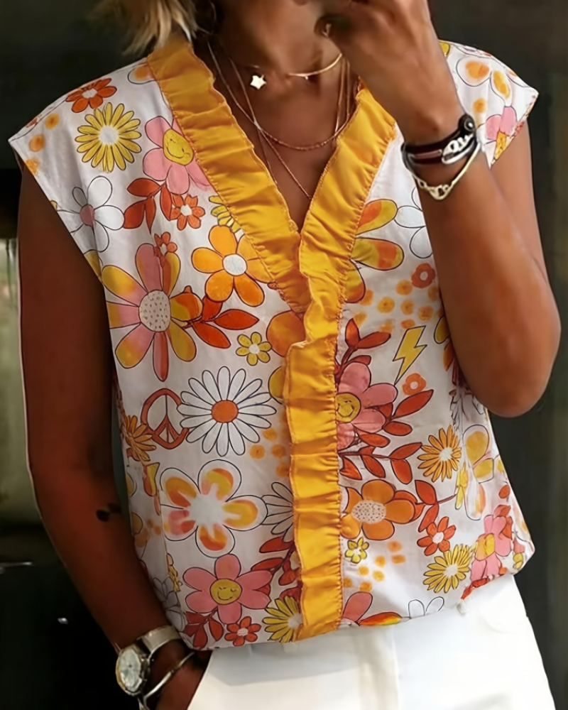 Farren Women's Floral Shirt – V-Neck Blouse with Ruffles and Off-Shoulder Design