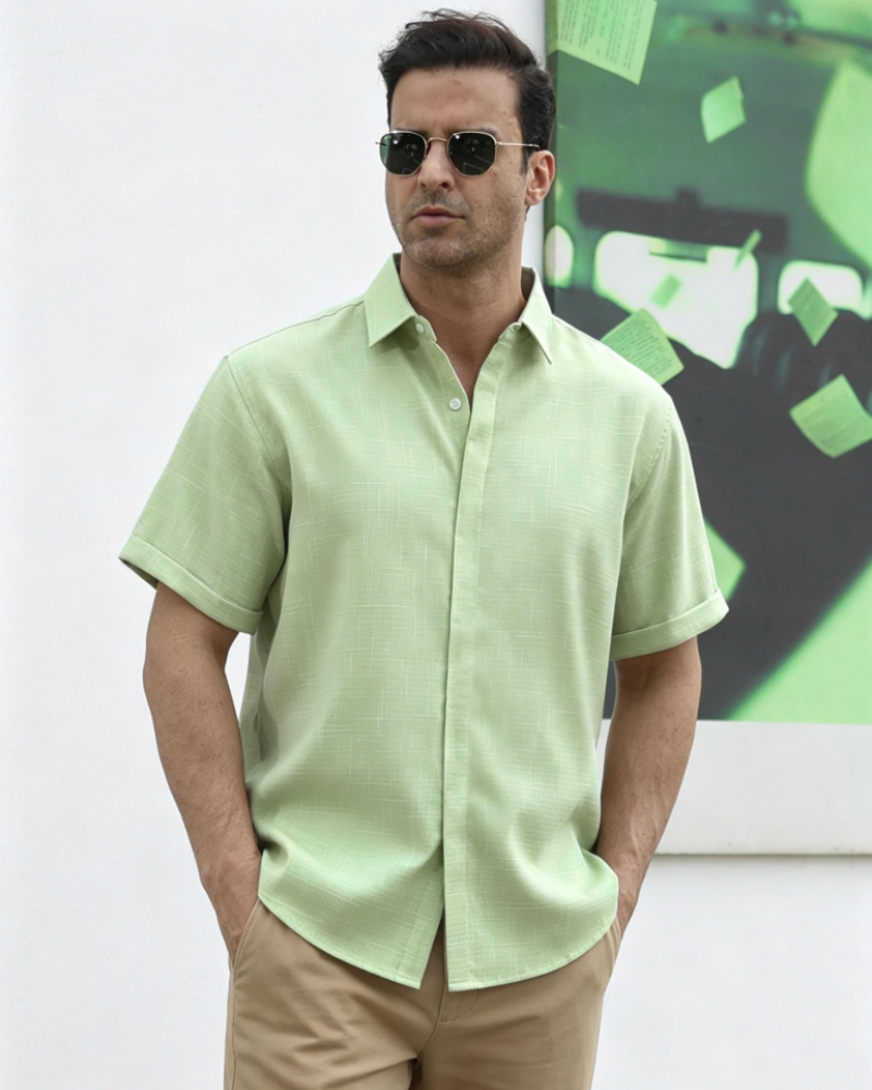 Asher Chemise Homme en Lin – Chemise Manches Courtes à Boutons Cachés