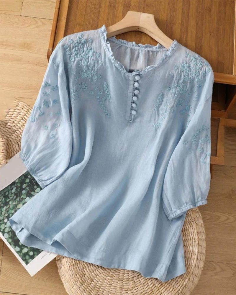 Brightyn Chemisier Bohème Femme en Coton – Blouse Brodée Manches 3/4