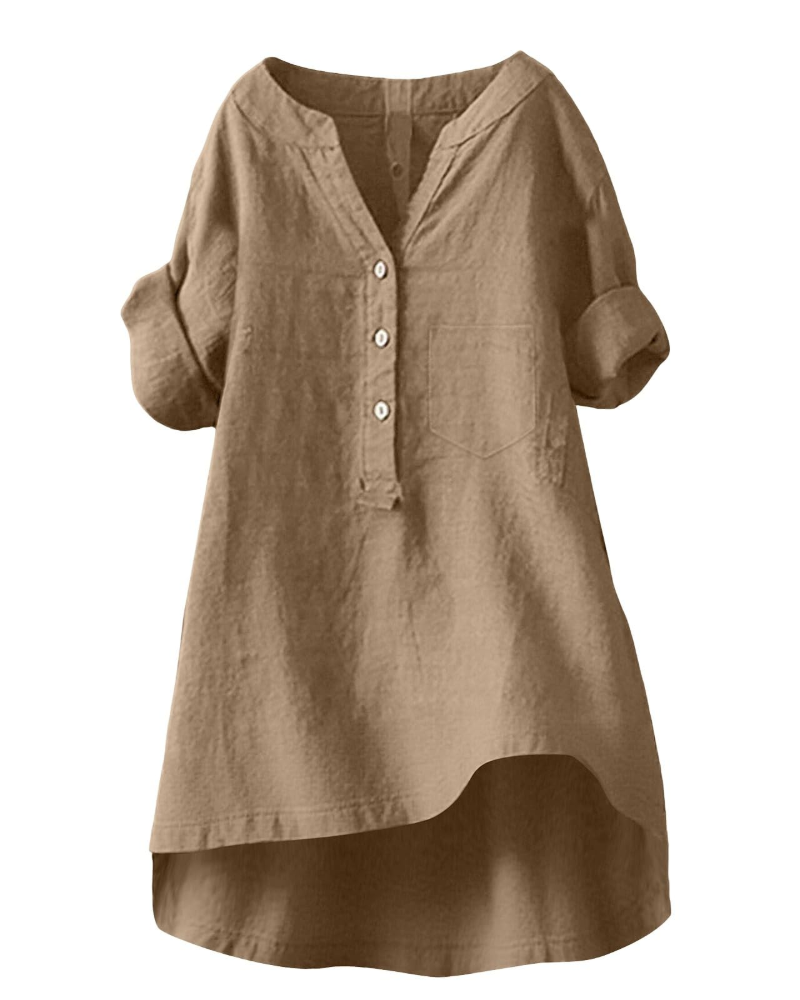 Esla Blouse Femme Été – Lin Coton Col V Boutonnée Grande Taille