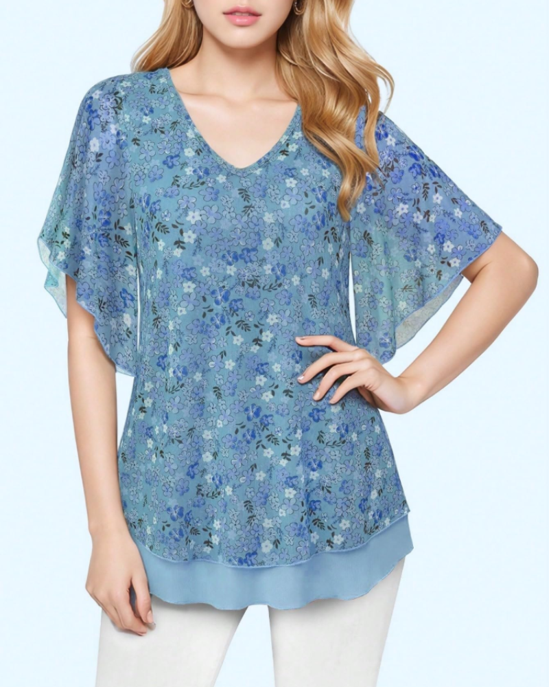 Breelyn Chemisier Femme en Maille – Blouse Col V Double Couche à Manches Volantées