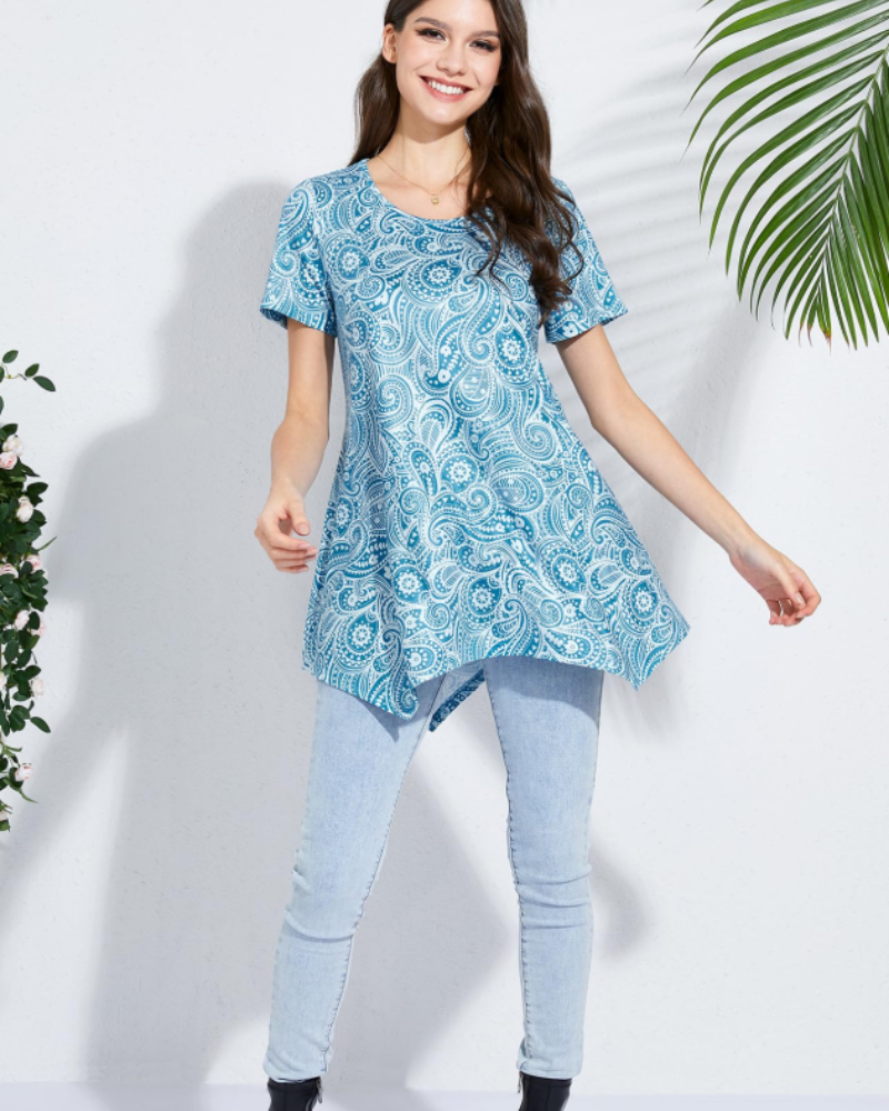 Luna Tunique Femme Été – Florale Paisley Col Rond Manches Courtes