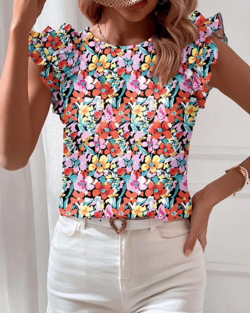 Lily Blouse Femme Bohème – Imprimé Floral Volants Manches Courtes