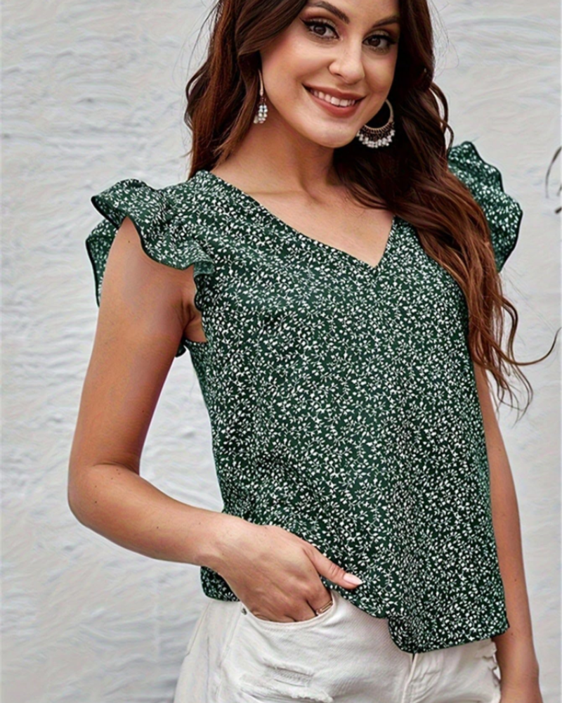 Filomena Women's Floral Chemisier – Lightweight V-Neck Blouse with Flared Sleeves