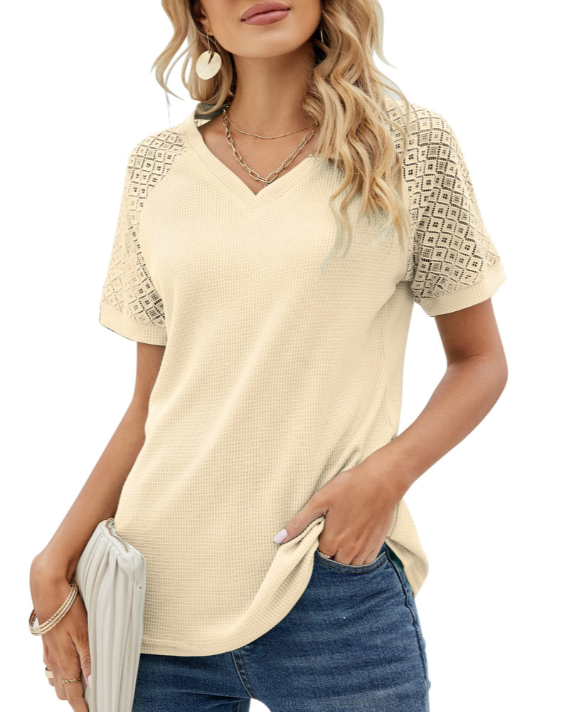 Lace Women's T-Shirt – High Round Neck, Short Sleeves, Loose Fit, Elegant Style