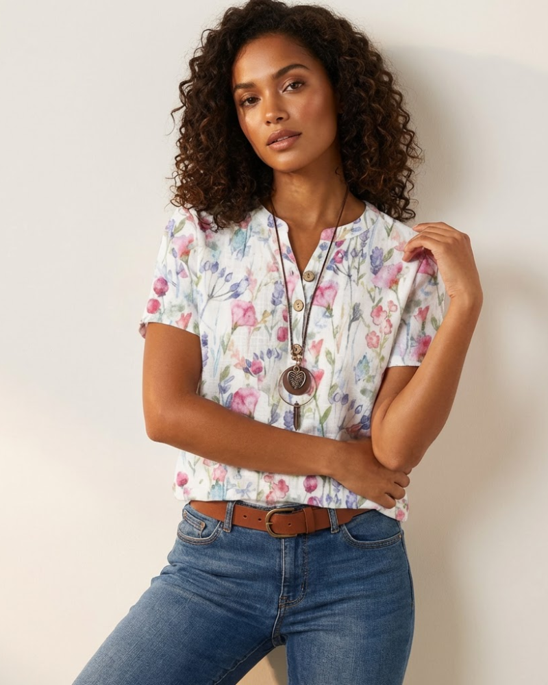 Blusa Elara para mujer – Blusa floral con cuello en V, botones, mangas cortas, corte fluido y elegante