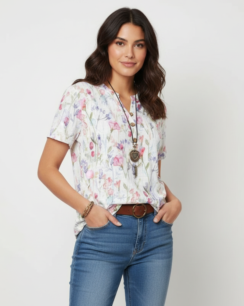 Blusa Elara para mujer – Blusa floral con cuello en V, botones, mangas cortas, corte fluido y elegante