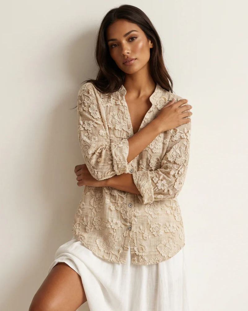 Dámská halenka Elowen – košile s lněným efektem a 3D květinovým vzorem, výstřih do V, volný elegantní střih