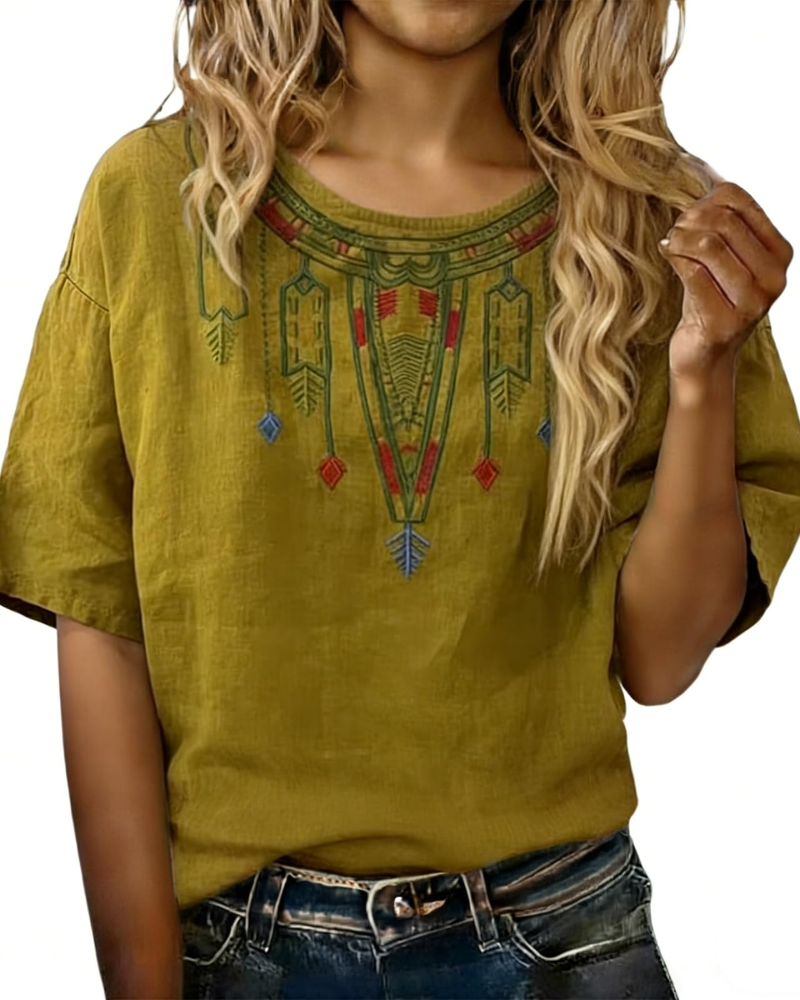 Sarah Blouse Femme Été – Lin Coton Broderie Florale Col V