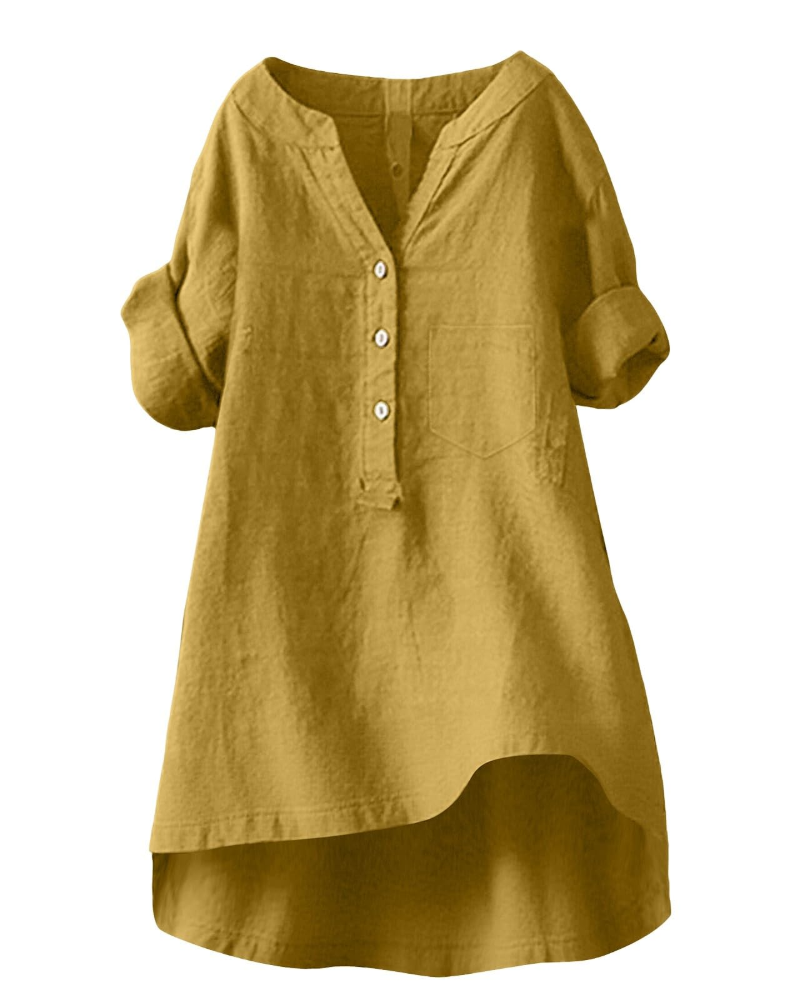 Esla Blouse Femme Été – Lin Coton Col V Boutonnée Grande Taille