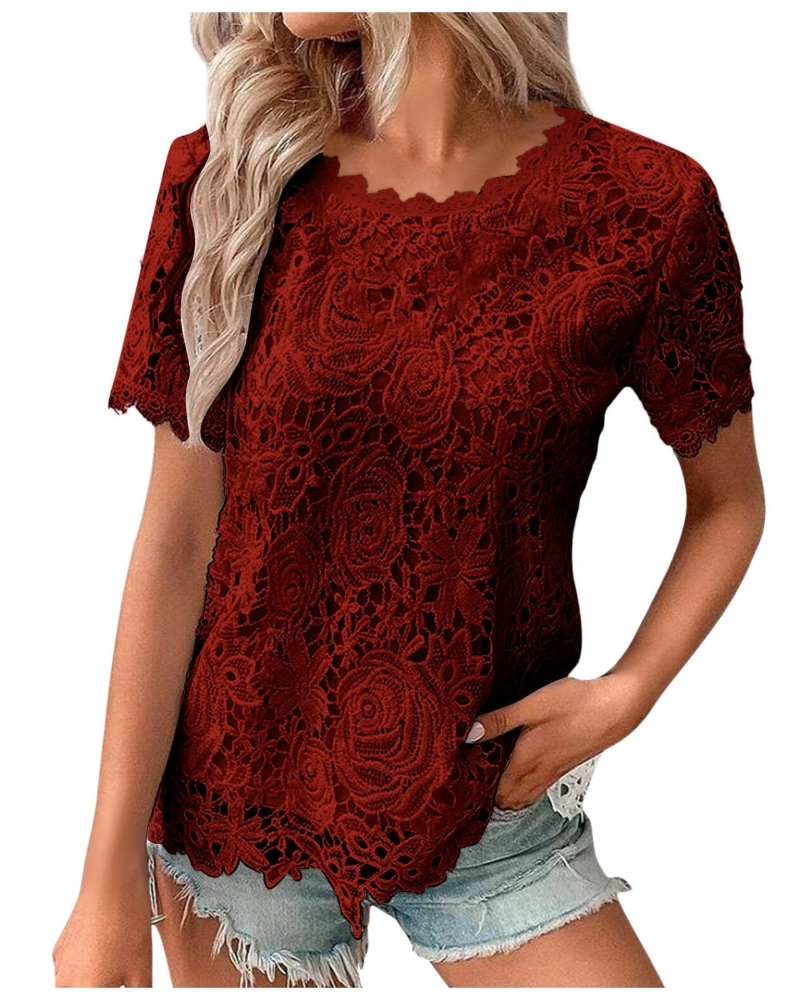 Sophie Blouse Femme Été – Dentelle Col Rond Manches Volantées