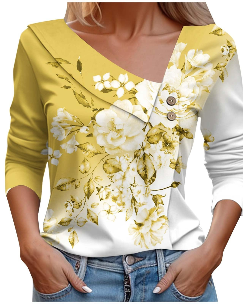 Emily T-Shirt Femme Été – Col V Imprimé Manches Longues Léger