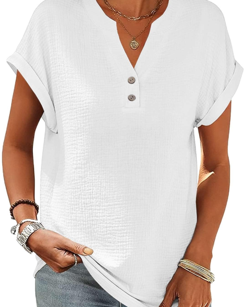 Olivia Blouse Femme Été – Lin Coton Col V Boutonnée Manches Courtes