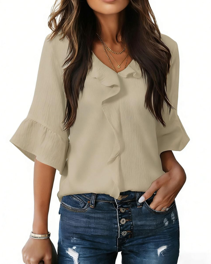 Luna Blouse Femme Été – Col V Volants Manches 3/4 Fluide