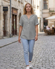 Solen Blouse Femme Rayée – Haut Col V à Boutons Style Henley
