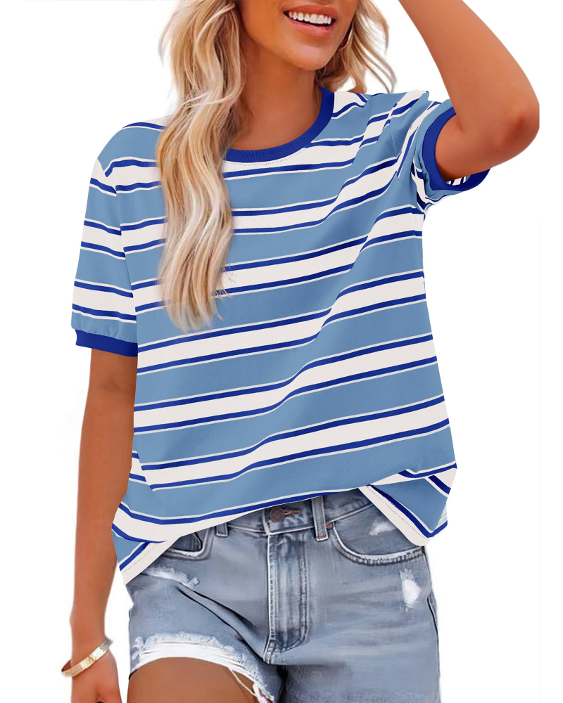T-shirt Donna Aurora a Righe – Maglia Casual a Maniche Corte con Collo Rotondo e Color Block
