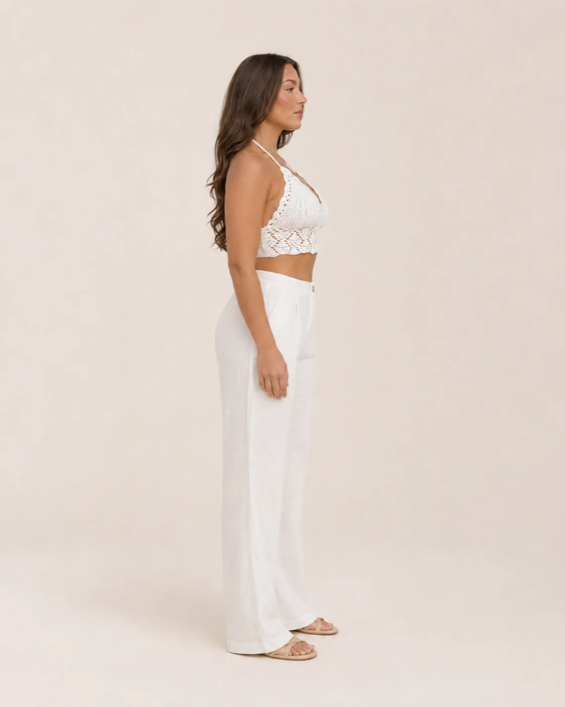 Γυναικείο Τοπ Bailey Top Crochet – Λευκό Crop Top με Λαιμόκοψη Halter και Ρυθμιζόμενη Πλάτη σε Μποέμ Στυλ