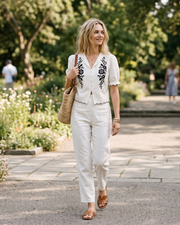 Coraline Women's Blouse – Beige Embroidered Shirt with Puff Sleeves and Elegant Contrasting Details