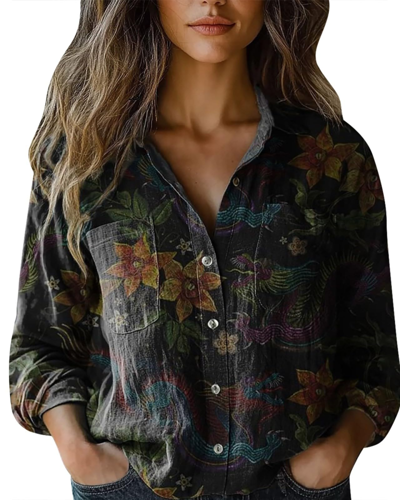 Amelia Blouse Femme Été – Lin Fleuri Col V Boutonnée Manches Longues