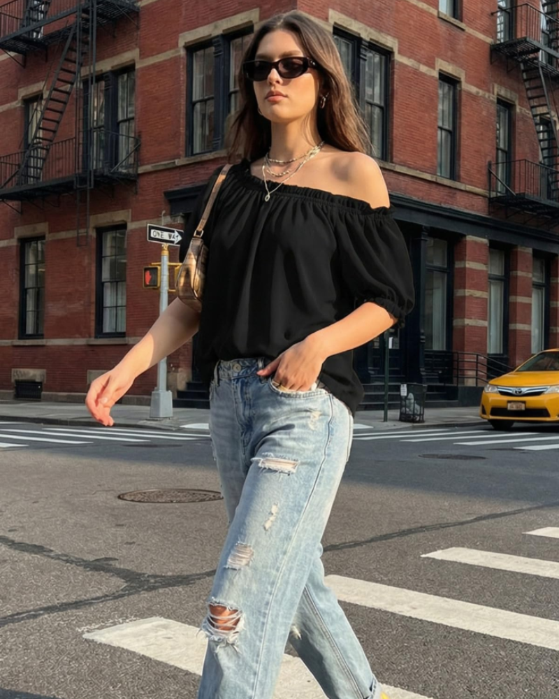 Sophia Bluse til kvinder med bare skuldre – elegant top med puffede ærmer til sommeren