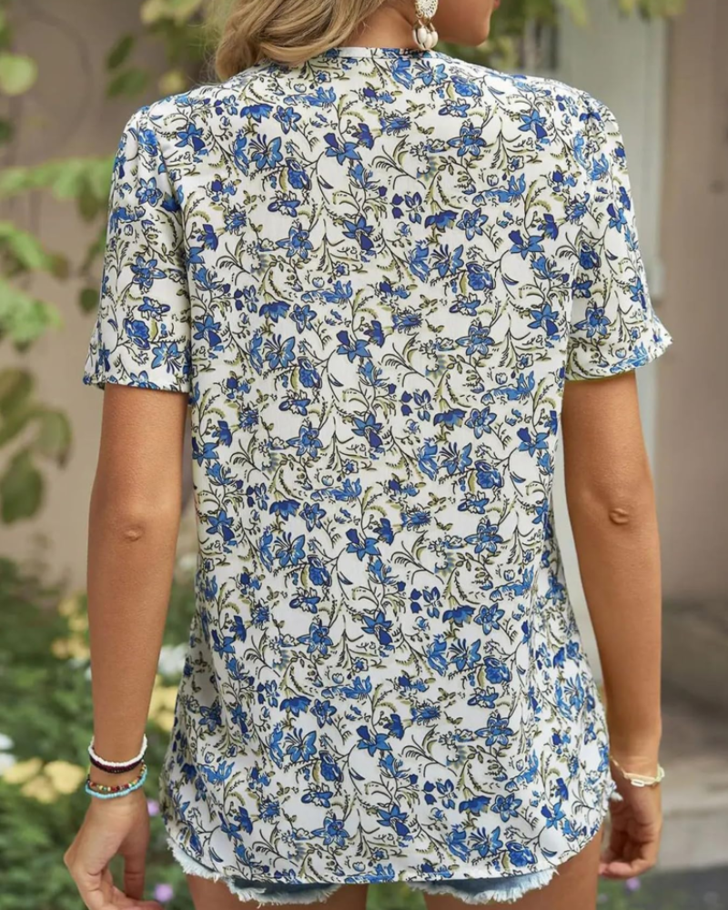 Faline Blusa de Gasa para Mujer – Blusa Floral con Cuello en V y Encaje