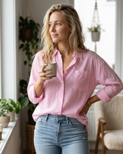 Julie Camisa Mujer a Rayas – Blusa de Algodón con Cuello en V y Botones Elegante Casual
