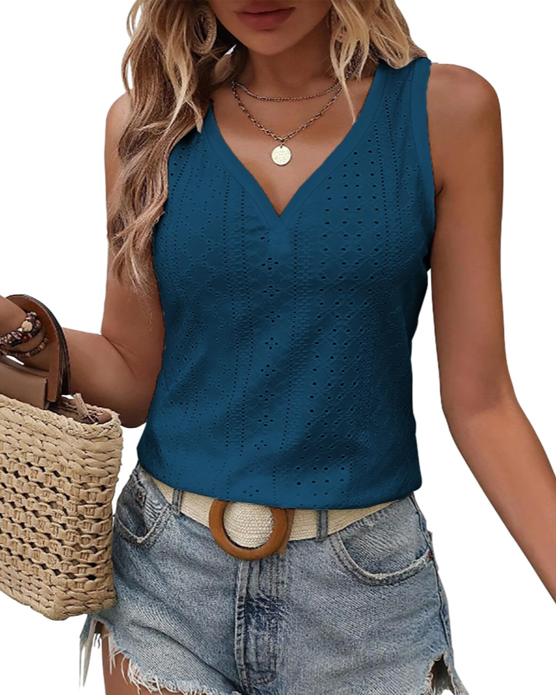 Claire Dames Topje met Borduursel – Mouwloos V-hals Elegant Geperforeerd voor de Zomer