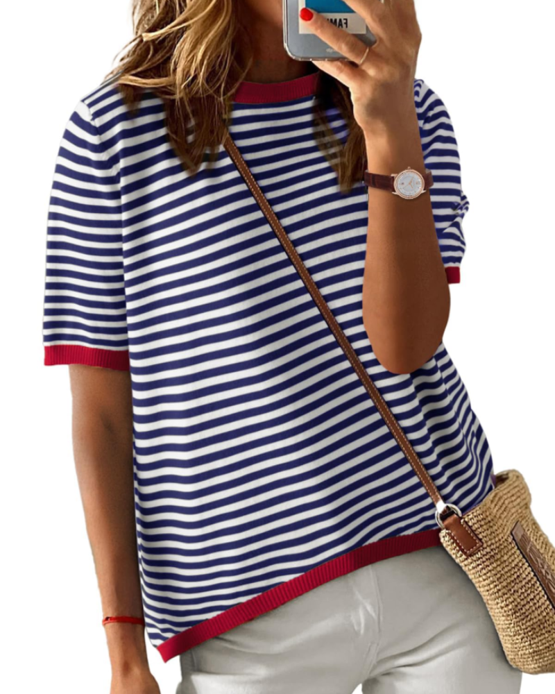 Charlotte Haut Maille Rayé Femme – T-Shirt Col Rond Léger à Manches Courtes