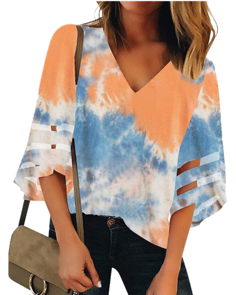 Ghia Damen Sommerbluse – V-Ausschnitt, Glockenärmel 3/4, Eleganter Strick