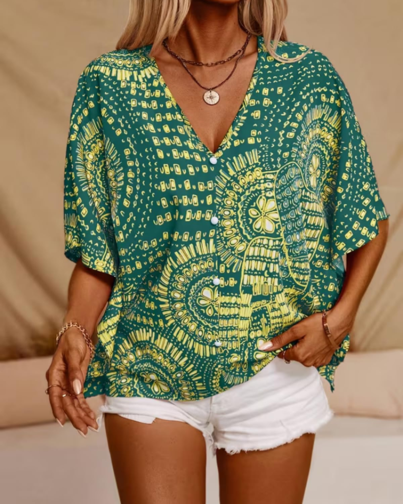 Benicia Dámská tunika Oversize – Boho halenka s výstřihem do V a etnickým potiskem