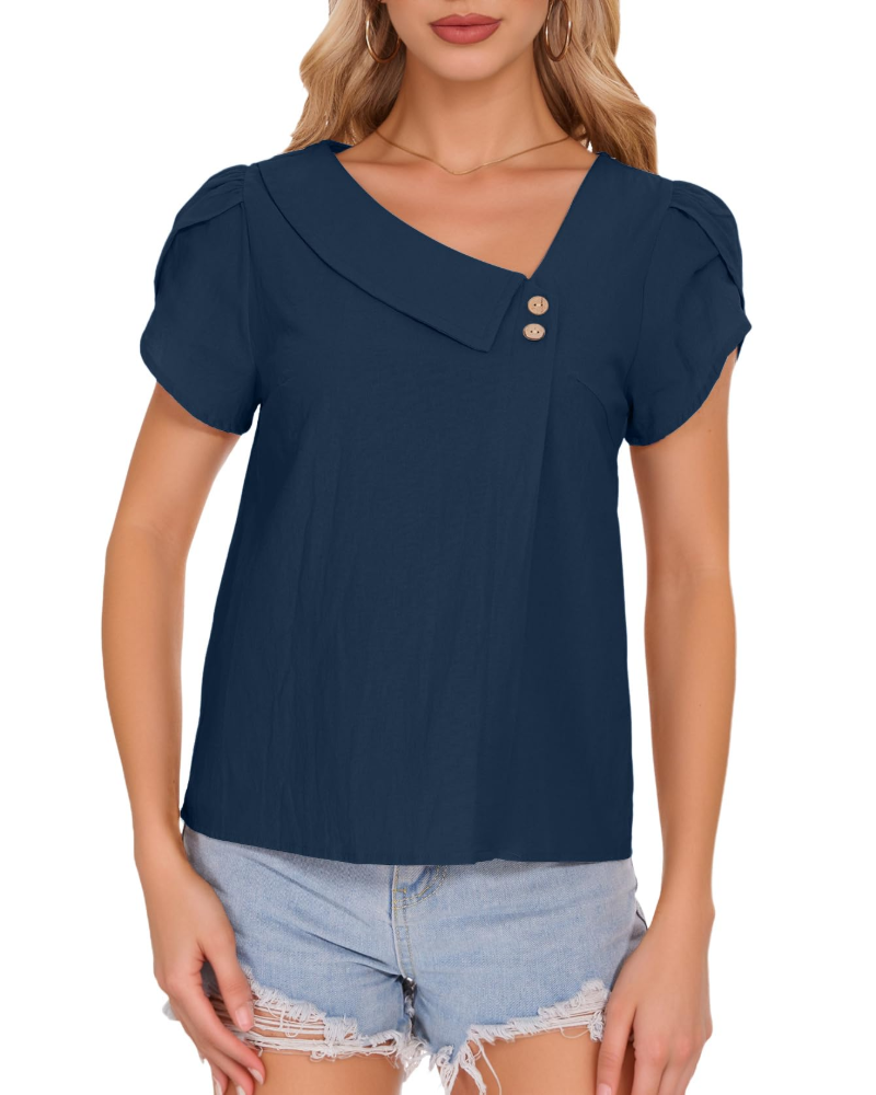 Lily Blouse Femme Été – Coton Col V Manches Pétales Boutonnée