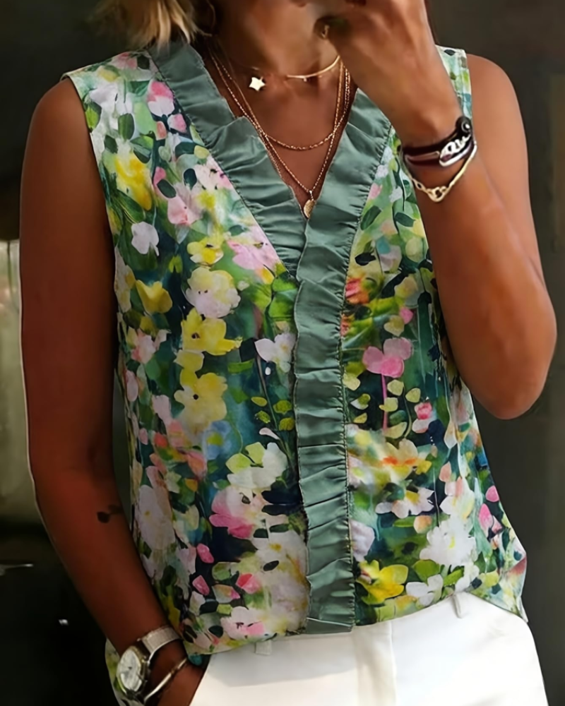 Farren Women's Floral Shirt – V-Neck Blouse with Ruffles and Off-Shoulder Design