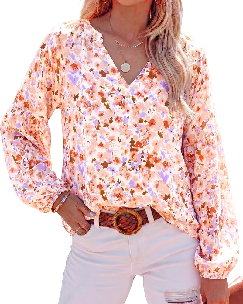 Blusa Paisley Mujer Floral – Blusa Bohemia con Cuello en V y Mangas Largas de Gasa