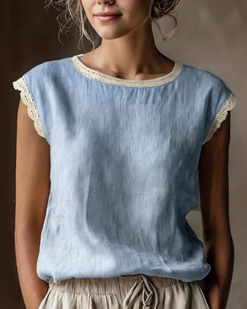 Florabelle Camisa Mujer Efecto Lino – Blusa de Encaje Manga Corta Elegante