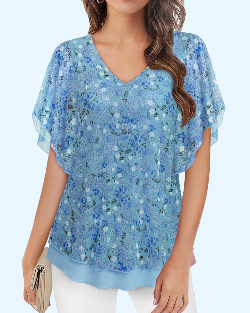 Breelyn Chemisier Femme en Maille – Blouse Col V Double Couche à Manches Volantées