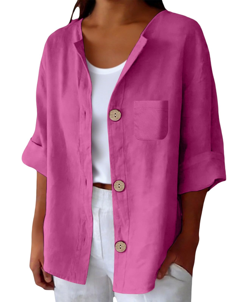 Claire Blouse Femme – Lin Col Rond Manches 3/4 Boutonnée & Poche