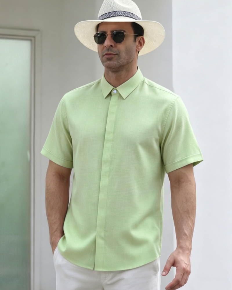 Asher Chemise Homme en Lin – Chemise Manches Courtes à Boutons Cachés
