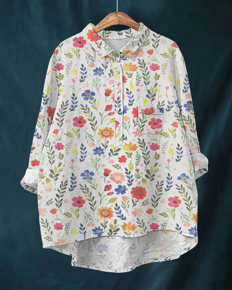 Amelia Bluse Damen Sommer – Leinen Baumwolle V-Ausschnitt Knöpfe Lange Ärmel