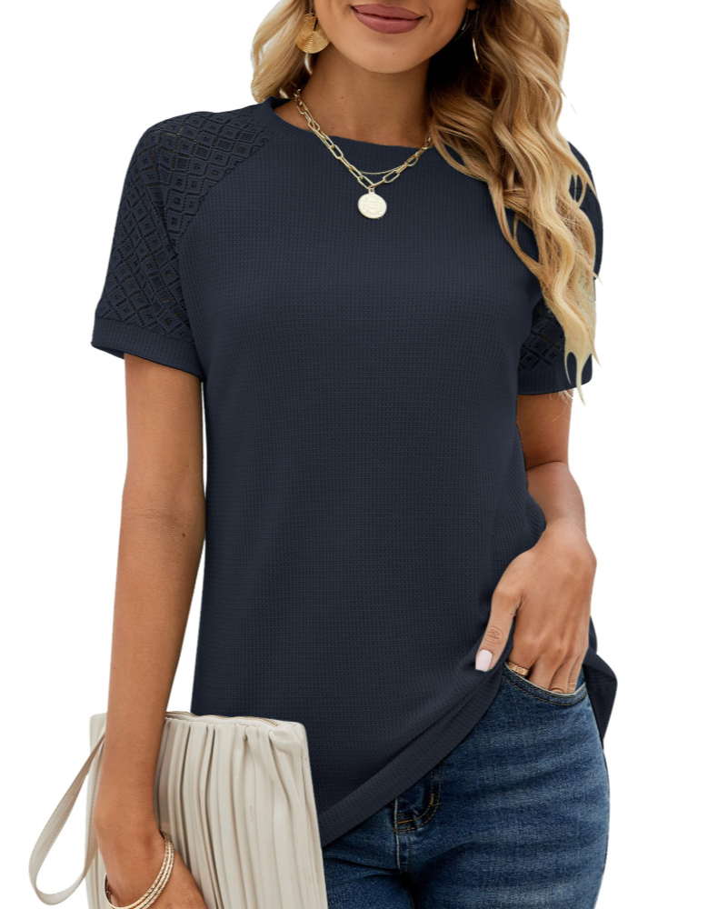 Lace Women's T-Shirt – High Round Neck, Short Sleeves, Loose Fit, Elegant Style