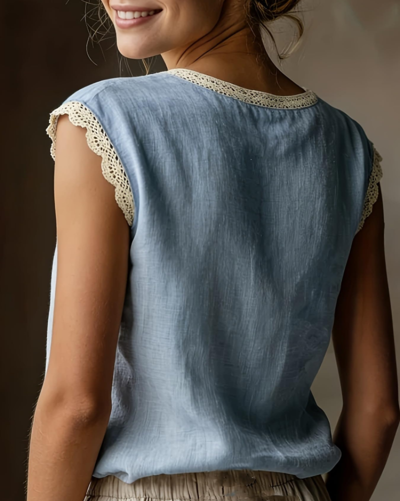 Florabelle Camisa Mujer Efecto Lino – Blusa de Encaje Manga Corta Elegante