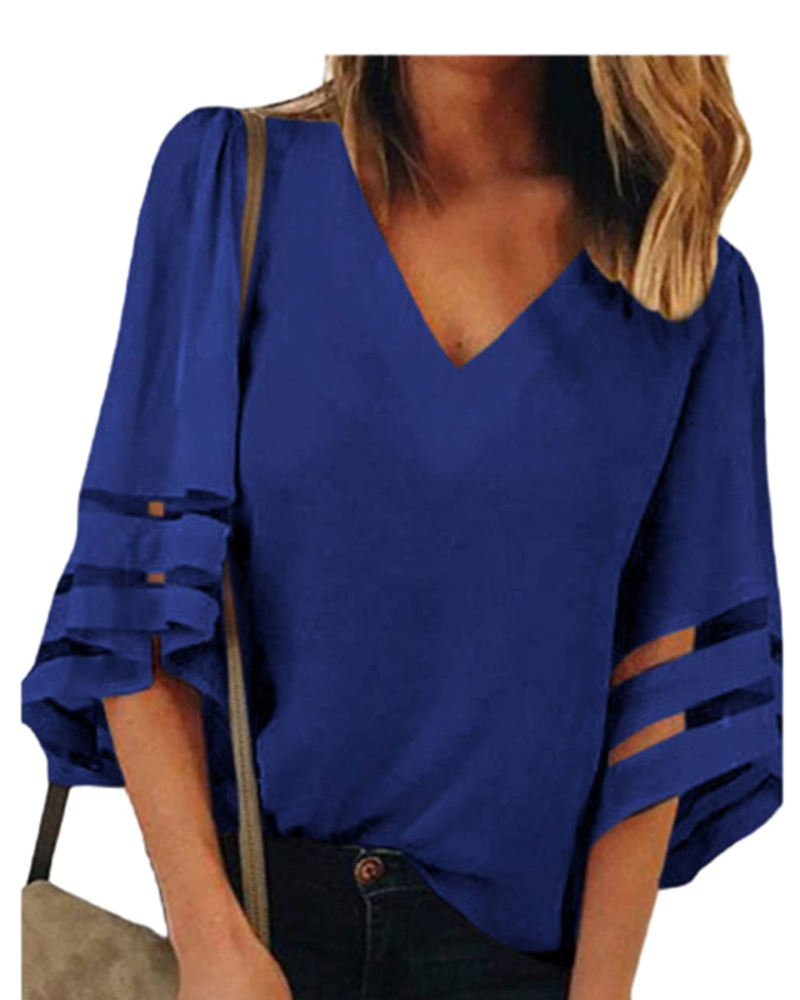 Ghia Damen Sommerbluse – V-Ausschnitt, Glockenärmel 3/4, Eleganter Strick