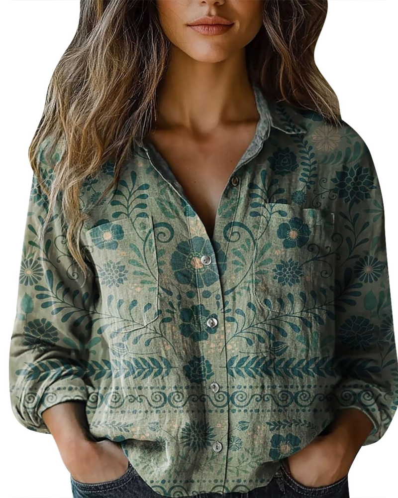 Amelia Blouse Femme Été – Lin Fleuri Col V Boutonnée Manches Longues
