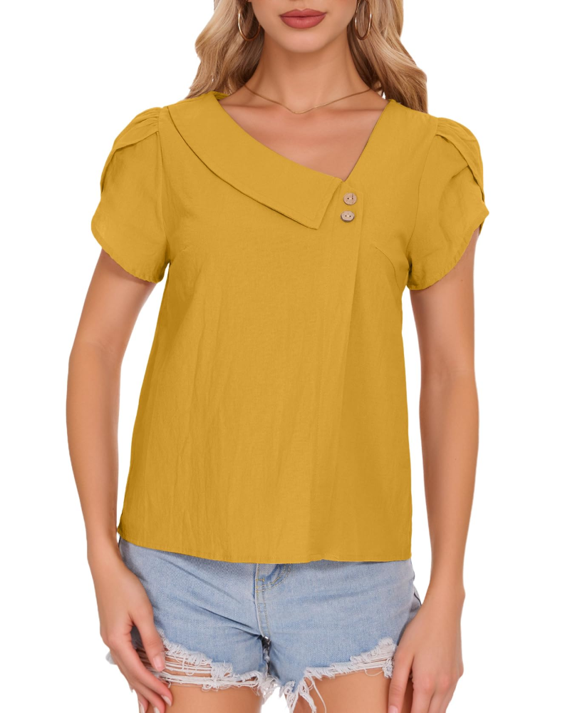 Lily Blouse Femme Été – Coton Col V Manches Pétales Boutonnée