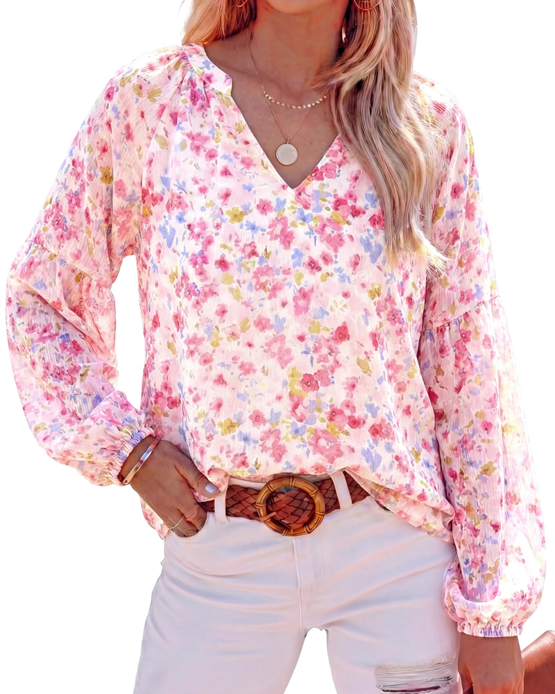 Blusa Paisley Mujer Floral – Blusa Bohemia con Cuello en V y Mangas Largas de Gasa