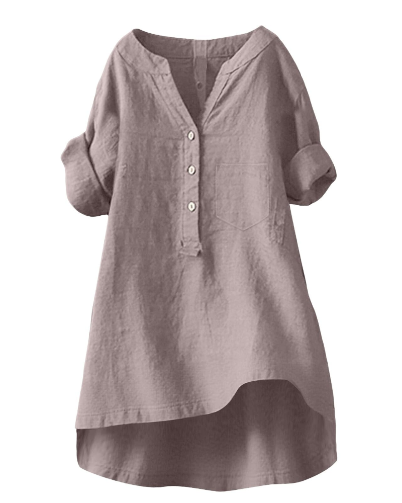 Esla Blouse Femme Été – Lin Coton Col V Boutonnée Grande Taille
