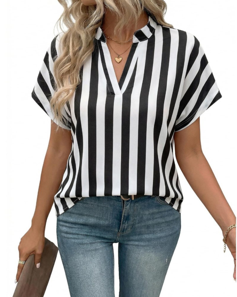 Emily Blouse Femme Rayée – Col V Élégant Manches Courtes