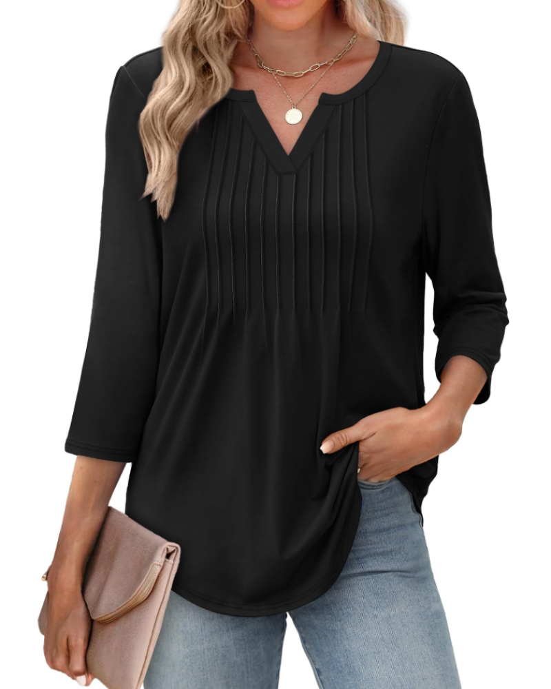 Camille Chemisier Femme Col V – Blouse Plissée à Manches 3/4 Élégante